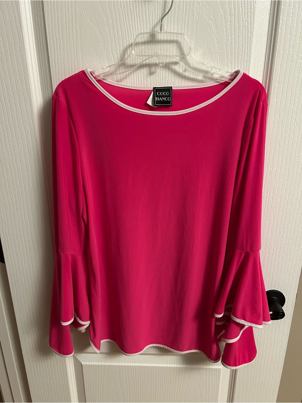 Coco Bianco Hot Pink Long Sleeve Bell Cuff Top with White Trim